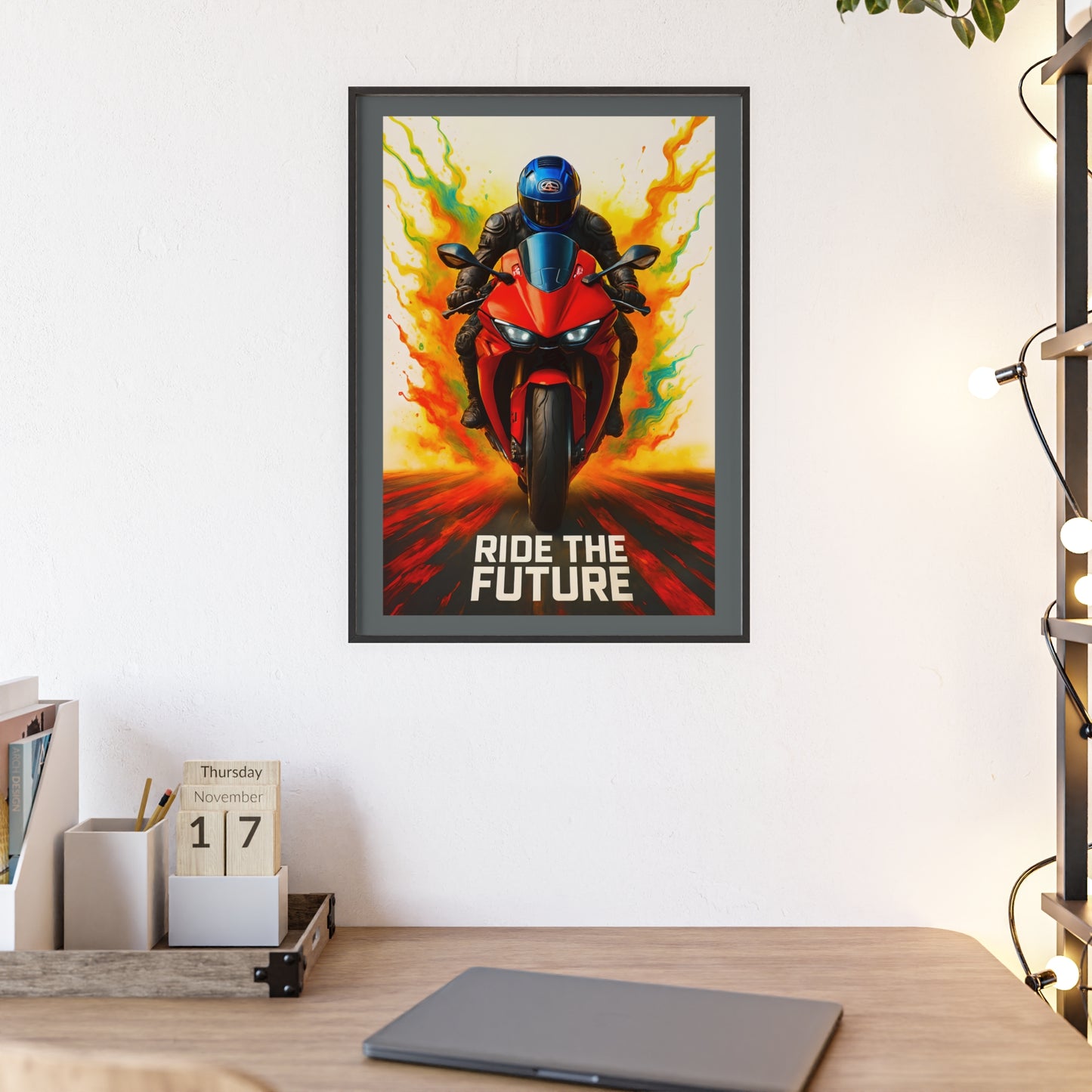 Ride the Future Motorcycle Poster with Wooden Frame | Wall Art