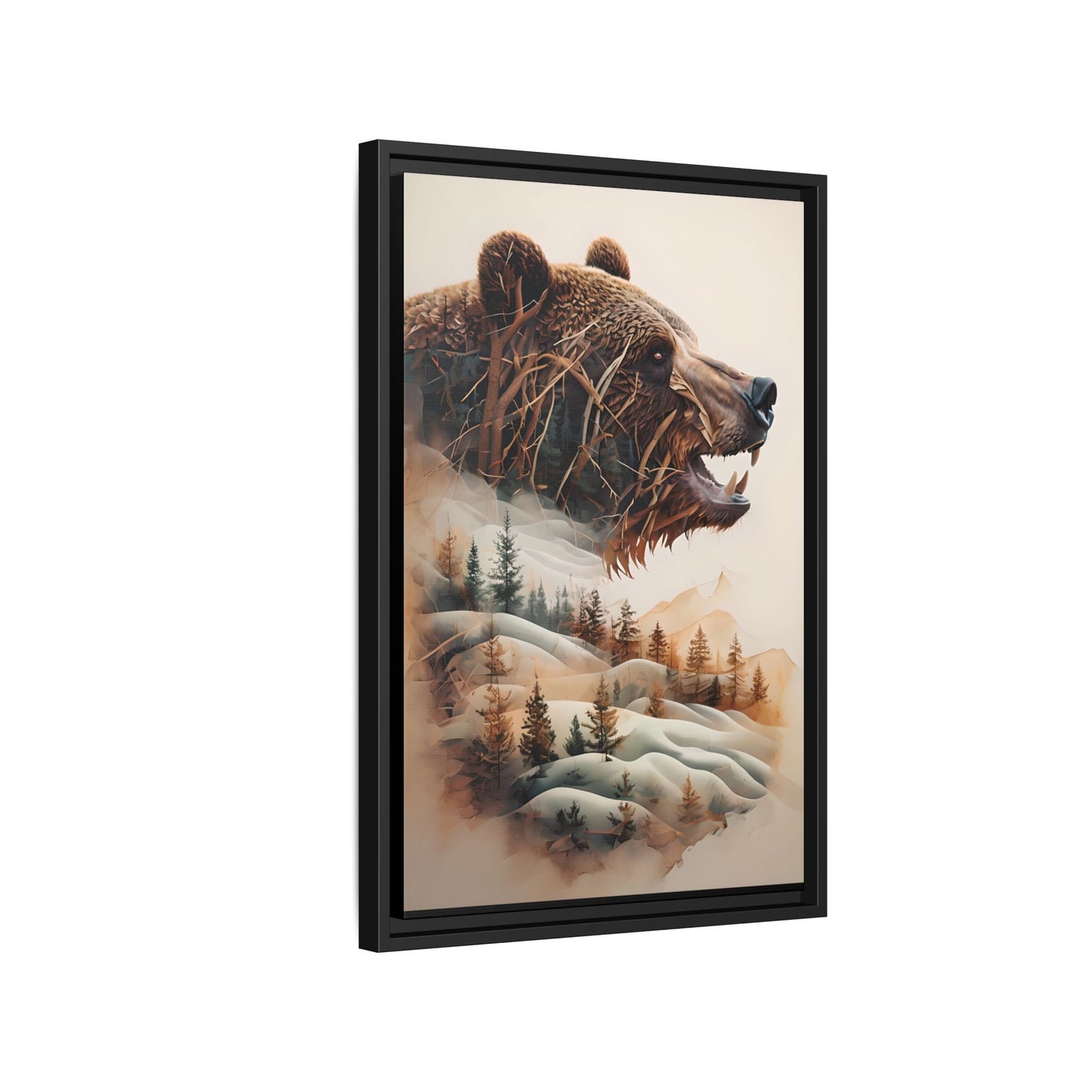 Bear in Blended Winter Forest: Framed Canvas Artwork Print
