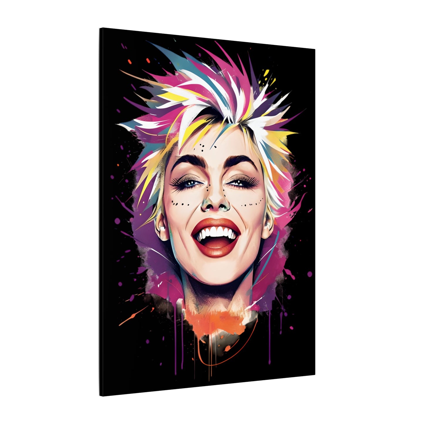 Vibrant 80s Vibe Art Print: Smiling Portrait with Colorful Splashes
