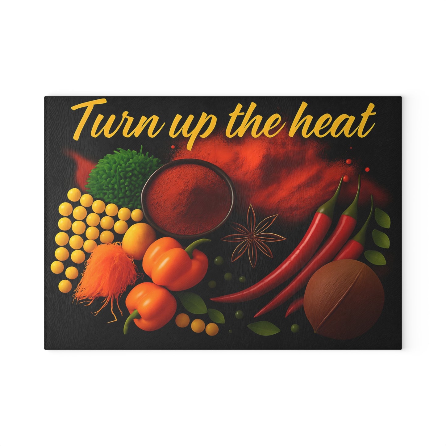 Vibrant Glass Cutting Board with 'Turn Up the Heat' Design