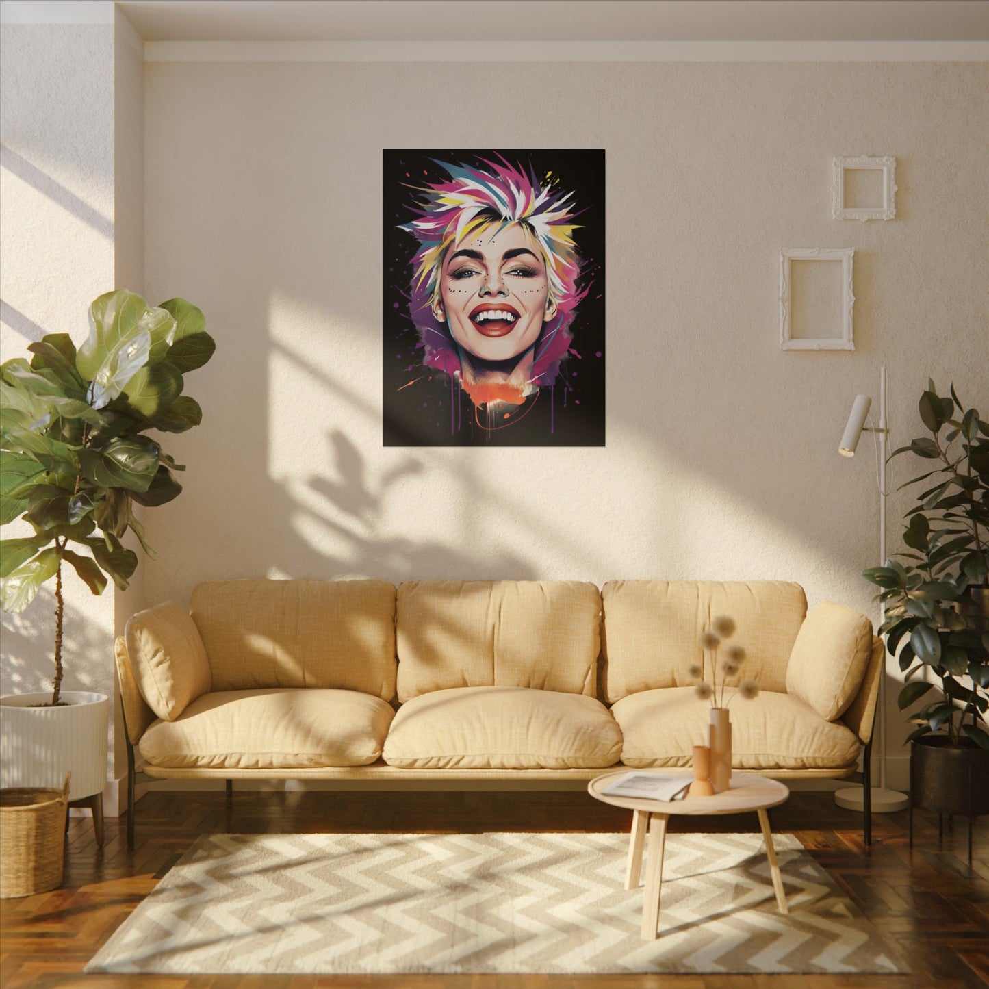 Vibrant 80s Vibe Art Print: Smiling Portrait with Colorful Splashes