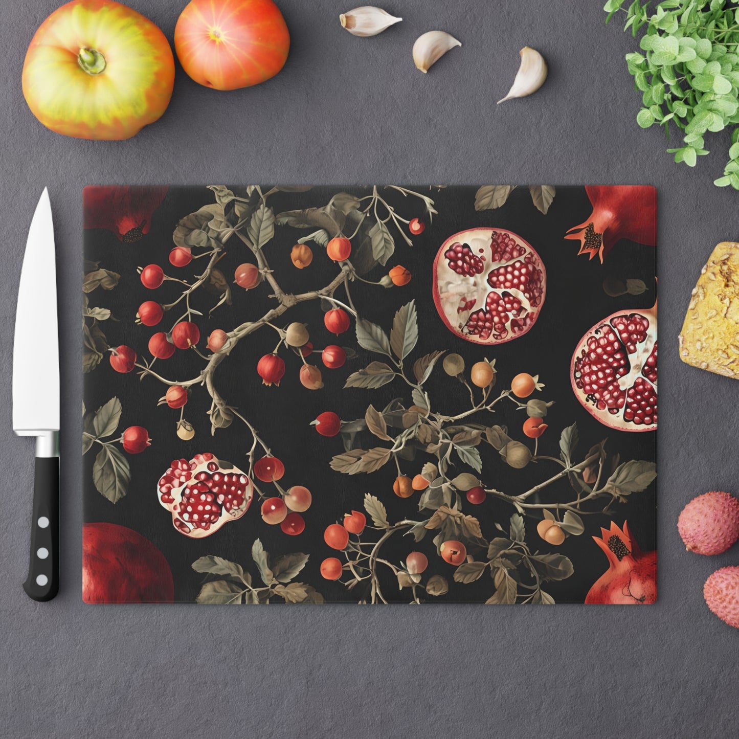 Elegant Floral Cutting Board with Pomegranate Design
