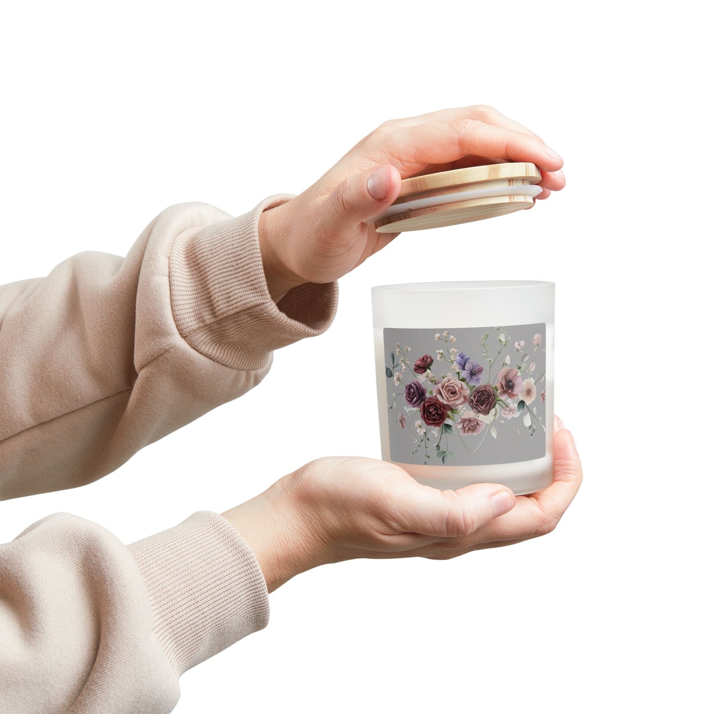 Floral Scented Candle - 11oz Frosted Glass with Wooden Lid