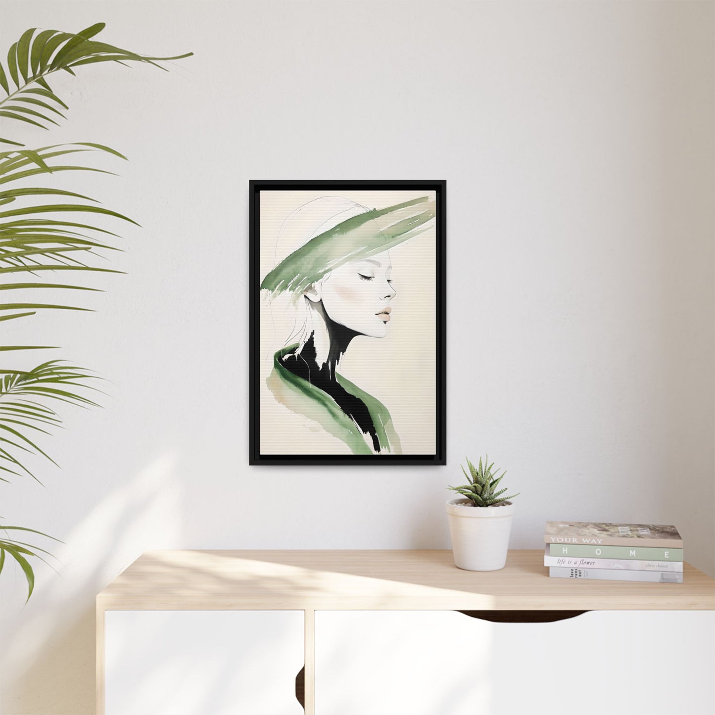 Elegant Framed Matte Canvas Art - Serene Portrait with Green Accents