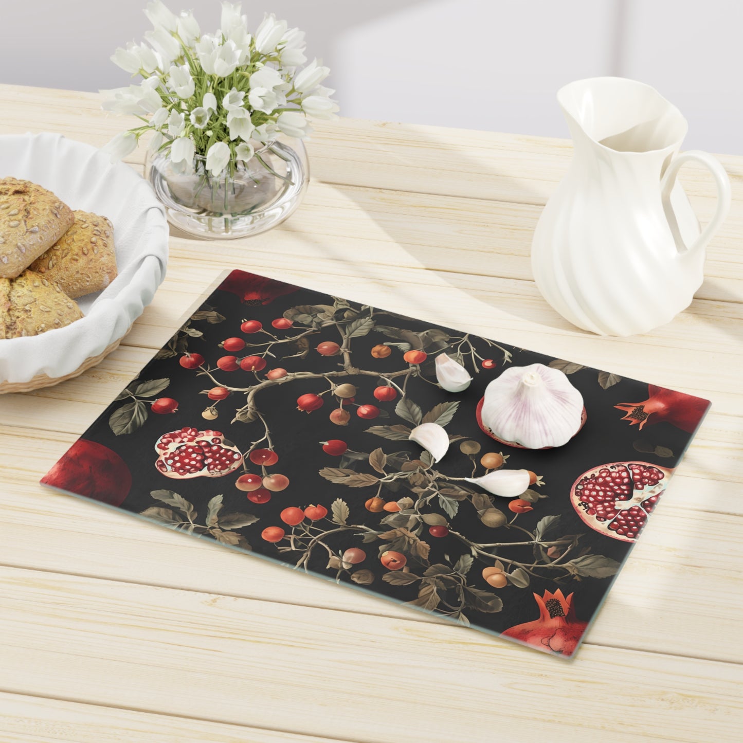 Elegant Floral Cutting Board with Pomegranate Design