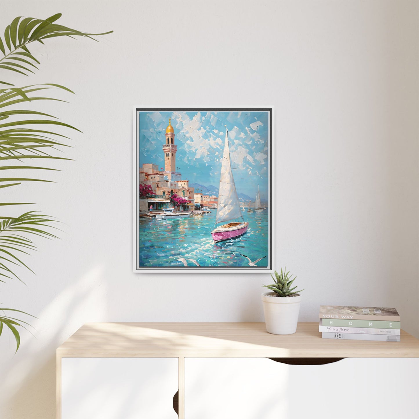 Impressionist Coastal Scene with Sailboat in Casablanca - Canvas Art Print