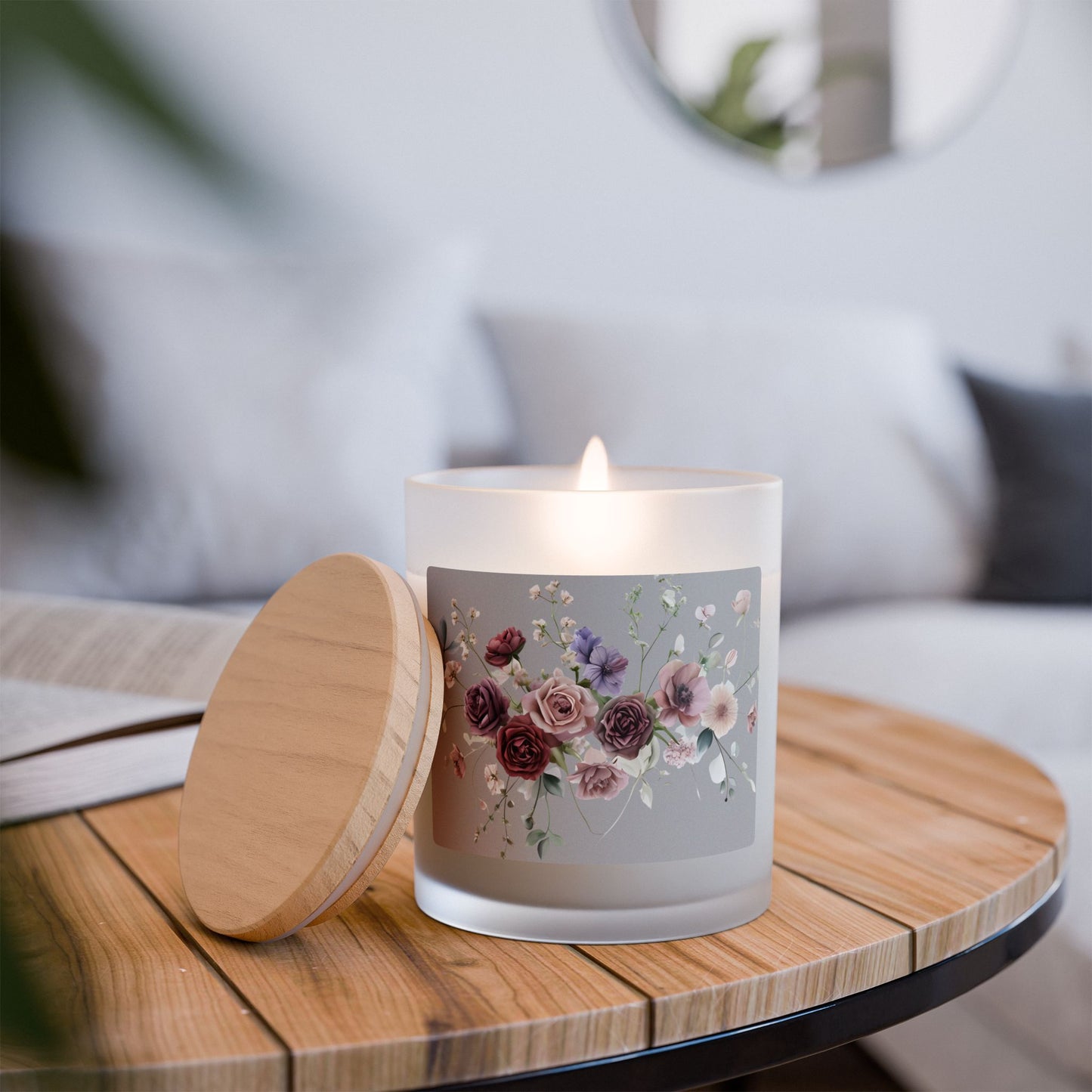 Floral Scented Candle - 11oz Frosted Glass with Wooden Lid