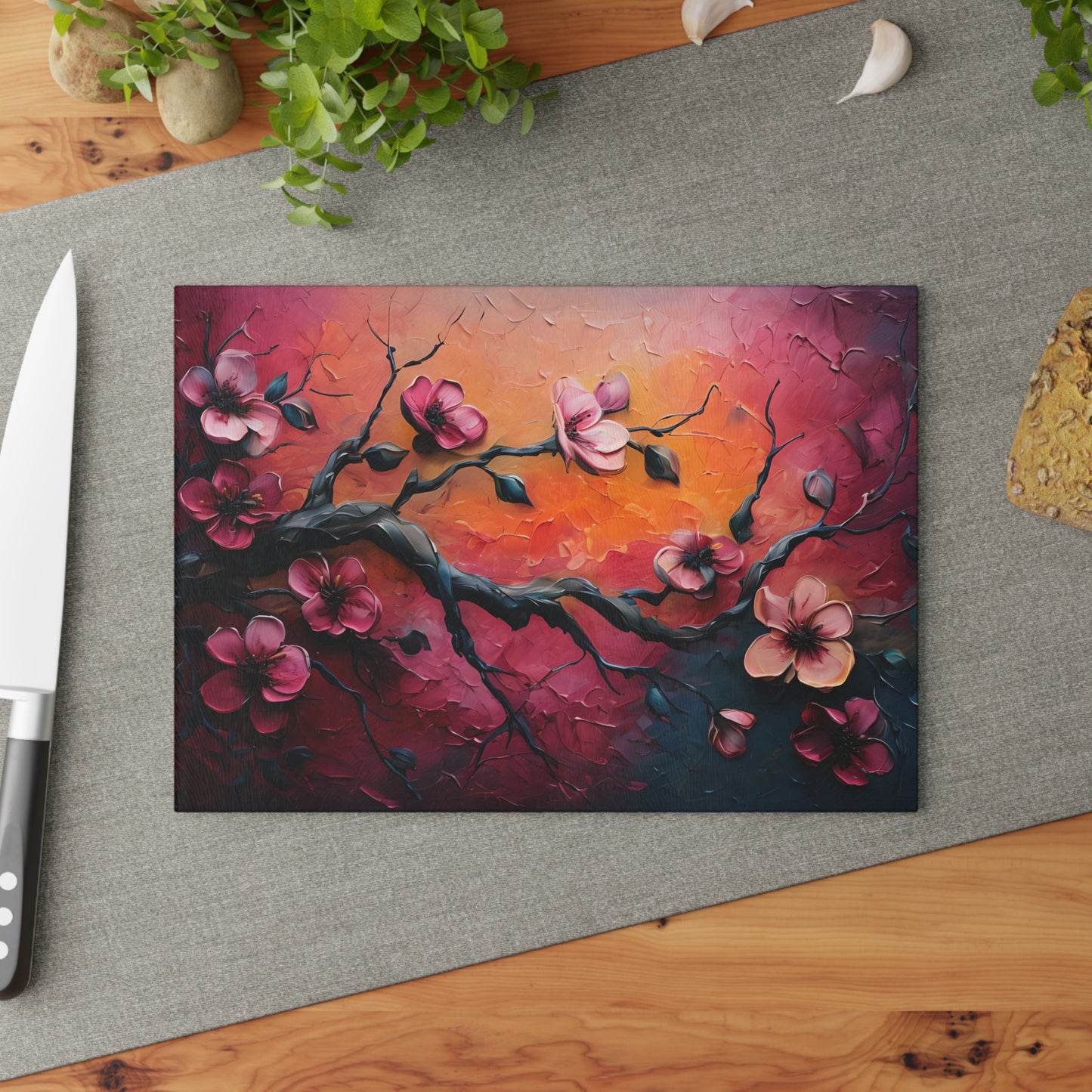 Floral Sunset Glass Cutting Board - Artistic Kitchen Decor for Cooking and Gifting