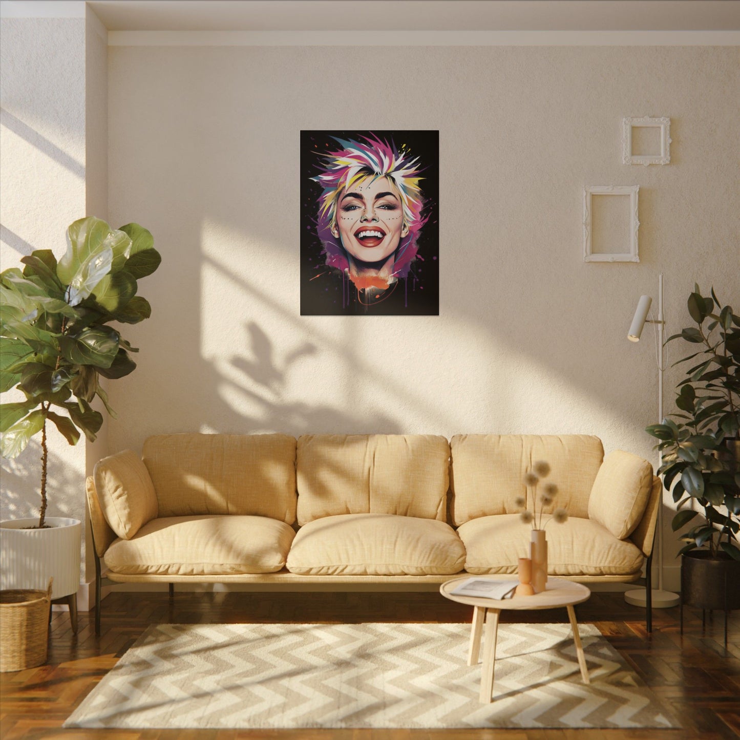 Vibrant 80s Vibe Art Print: Smiling Portrait with Colorful Splashes