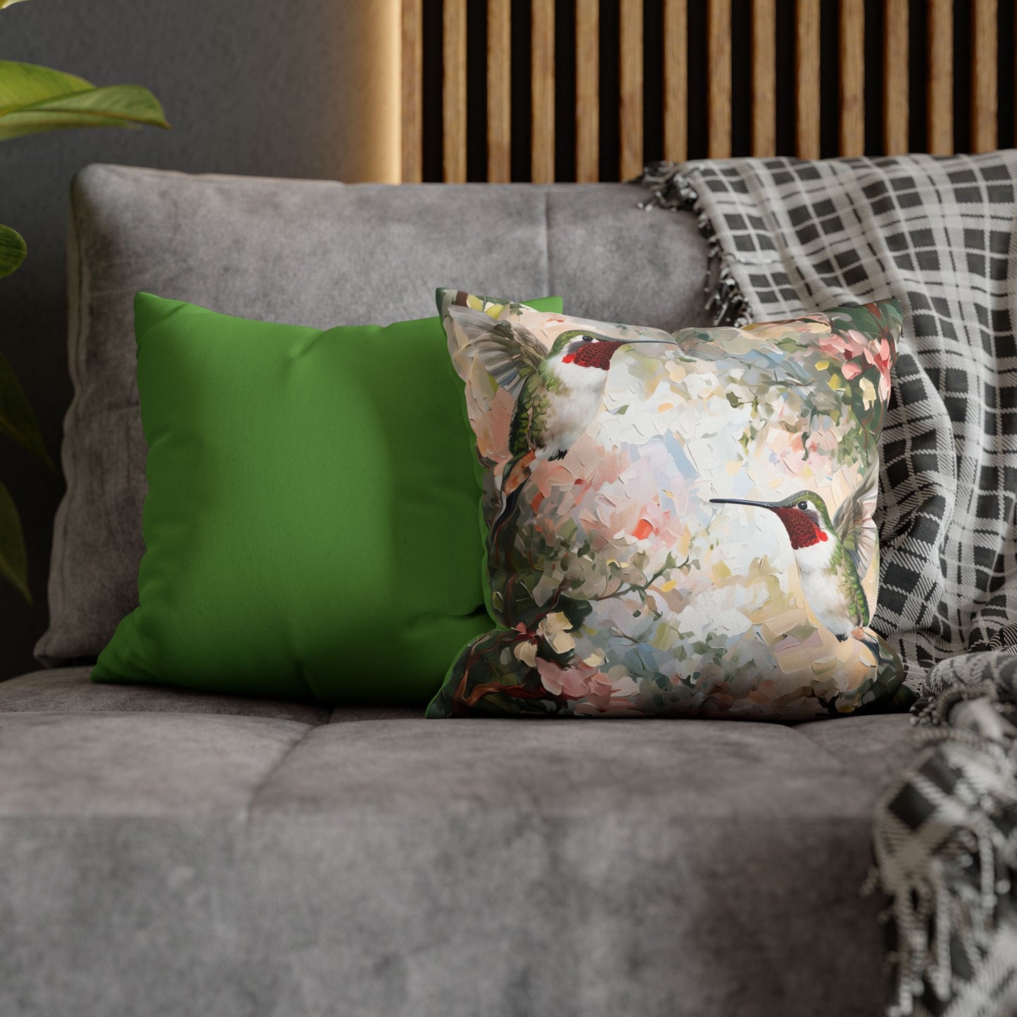 Hummingbird Faux Suede Pillowcase - Floral Decor for Home
