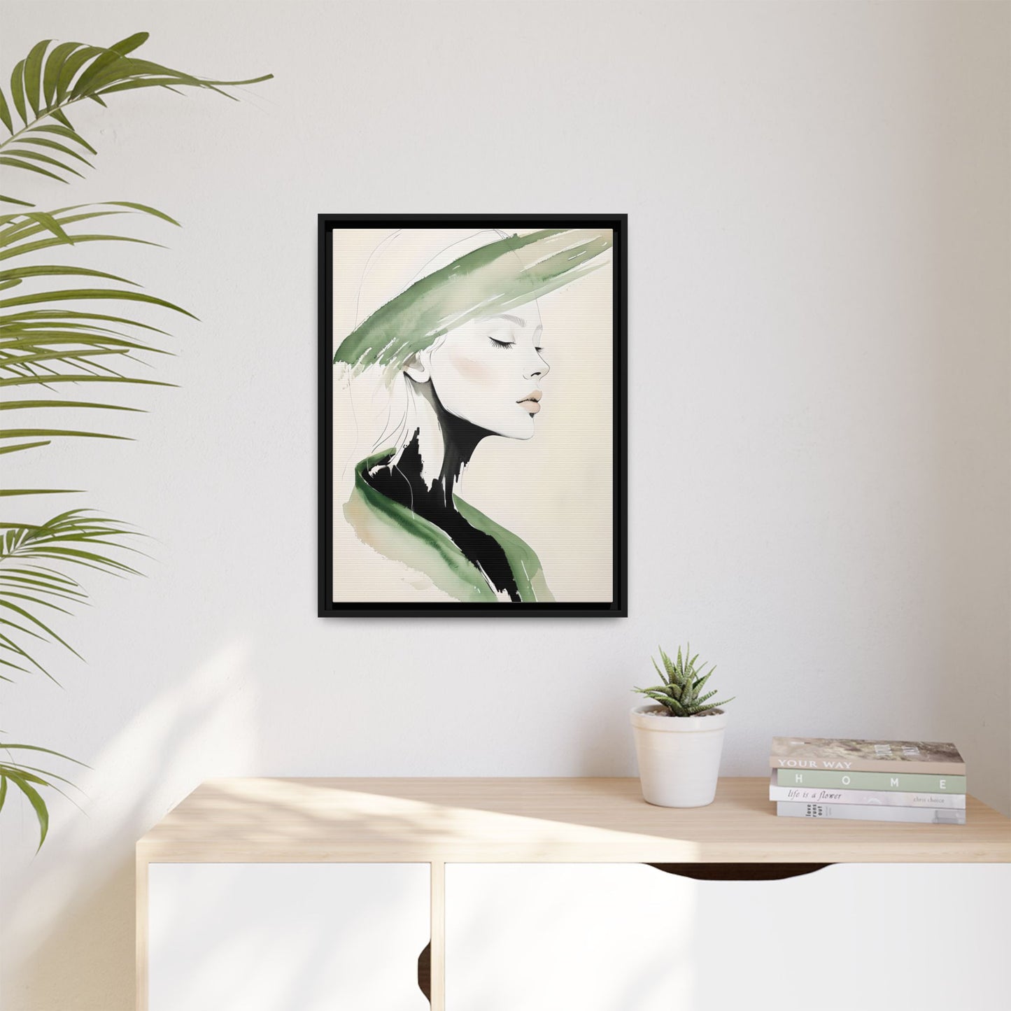 Elegant Framed Matte Canvas Art - Serene Portrait with Green Accents