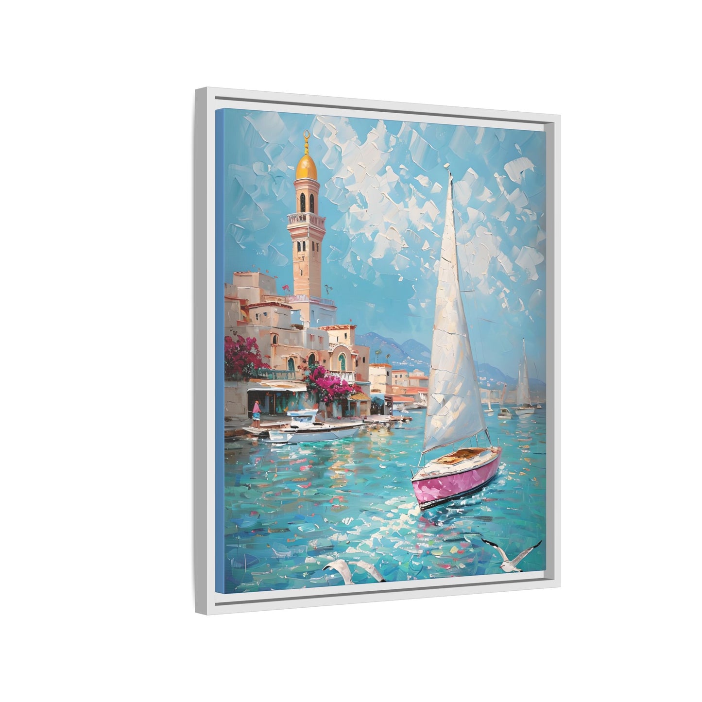 Impressionist Coastal Scene with Sailboat in Casablanca - Canvas Art Print