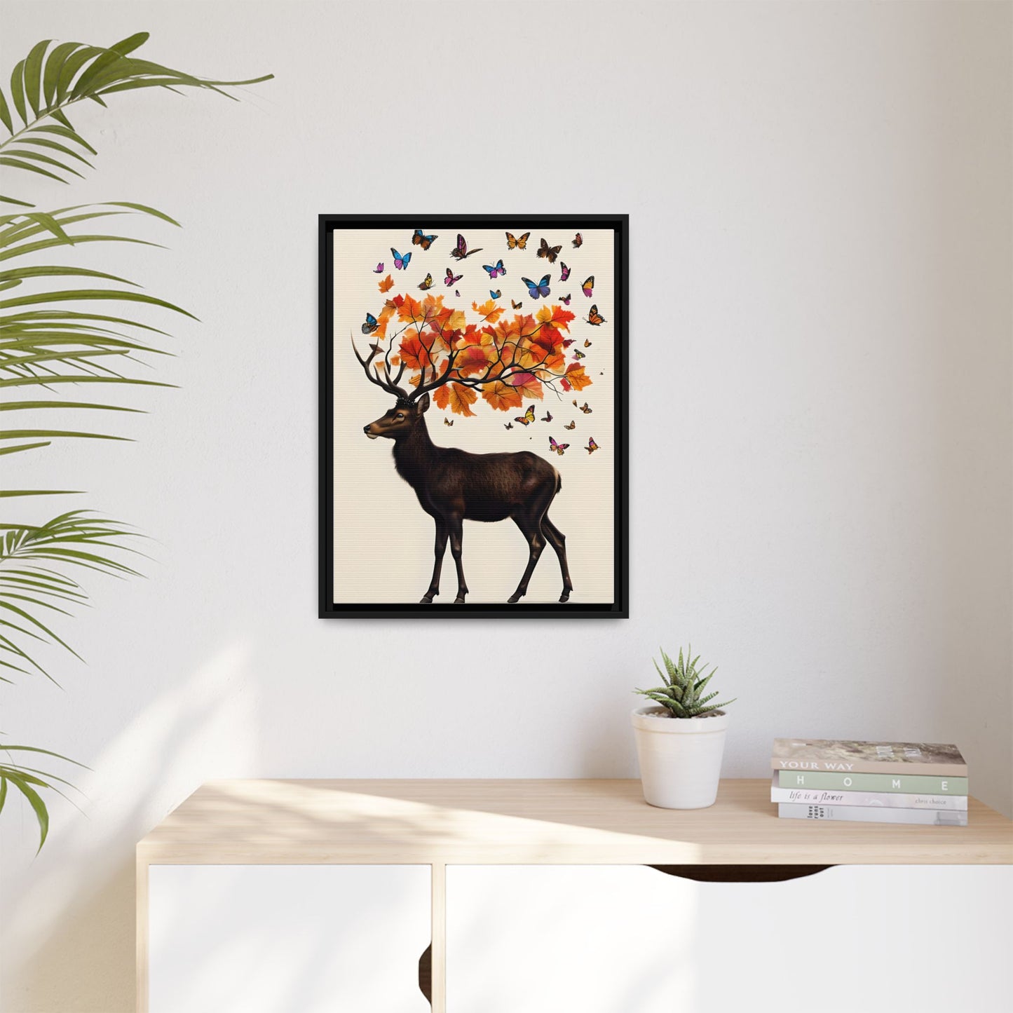 Autumn-Inspired Framed Canvas Art featuring Majestic Deer and Butterflies