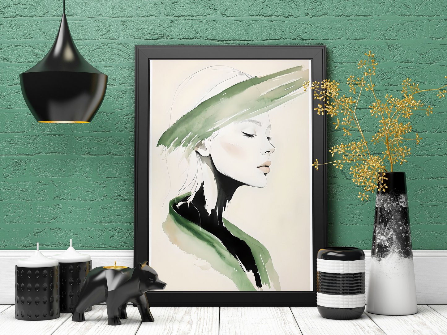 Elegant Framed Matte Canvas Art - Serene Portrait with Green Accents
