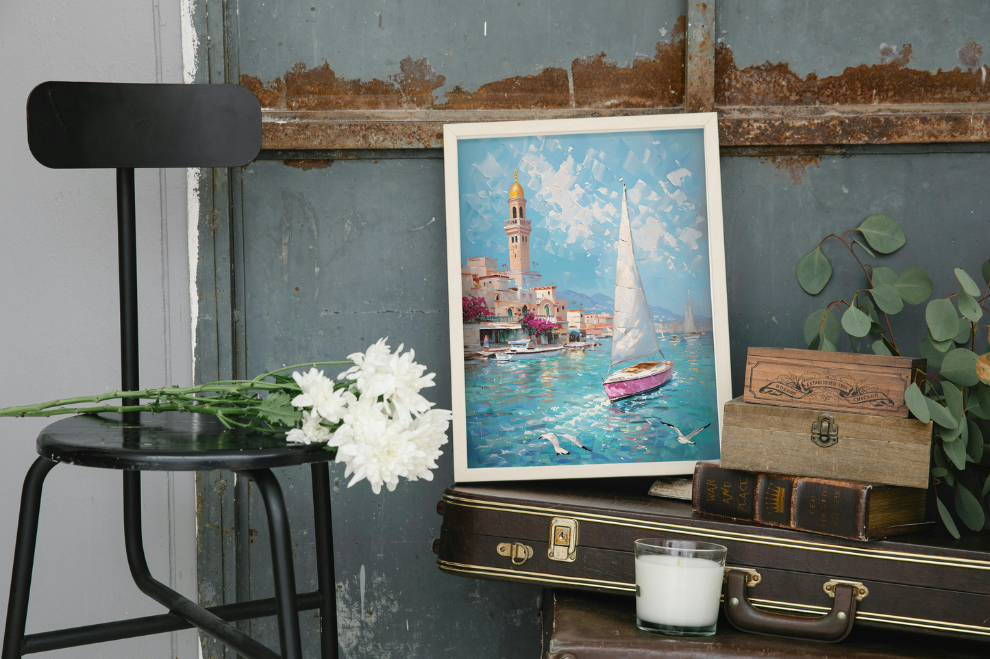 Impressionist Coastal Scene with Sailboat in Casablanca - Canvas Art Print