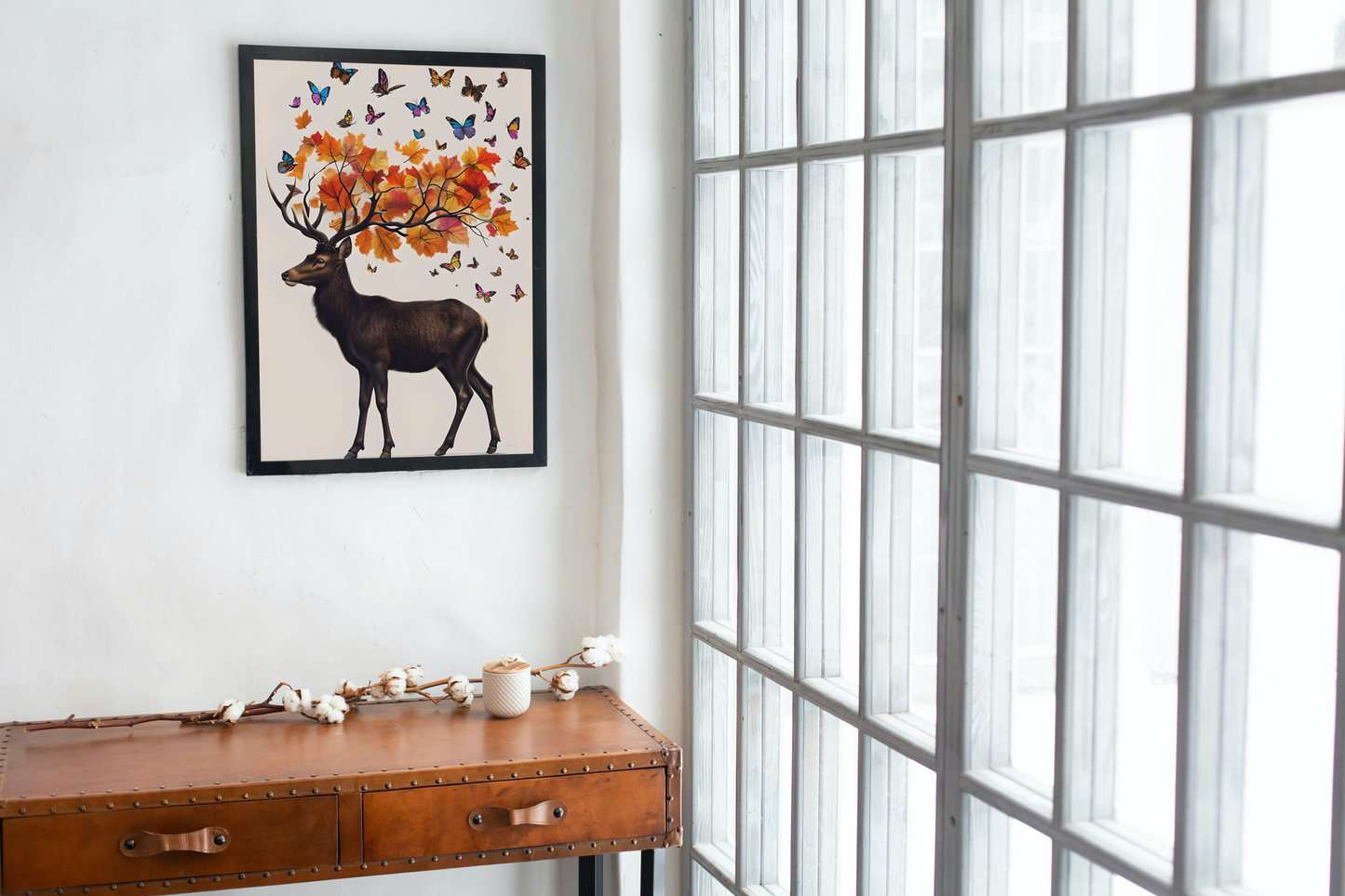 Autumn-Inspired Framed Canvas Art featuring Majestic Deer and Butterflies