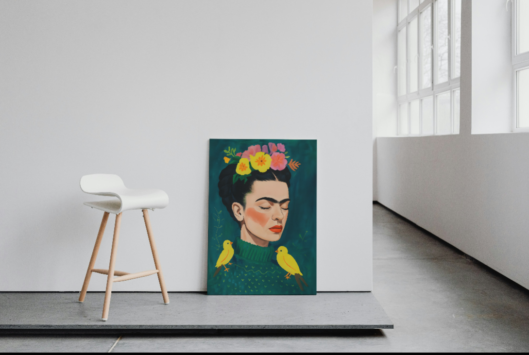 Frida Kahlo Inspired Portrait of Serene Woman In Sweater