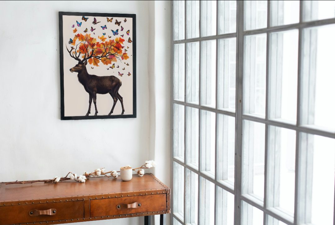 Autumn-Inspired Framed Canvas Art featuring Majestic Deer and Butterflies