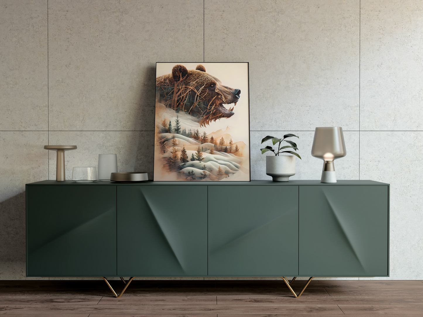Bear in Blended Winter Forest: Framed Canvas Artwork Print