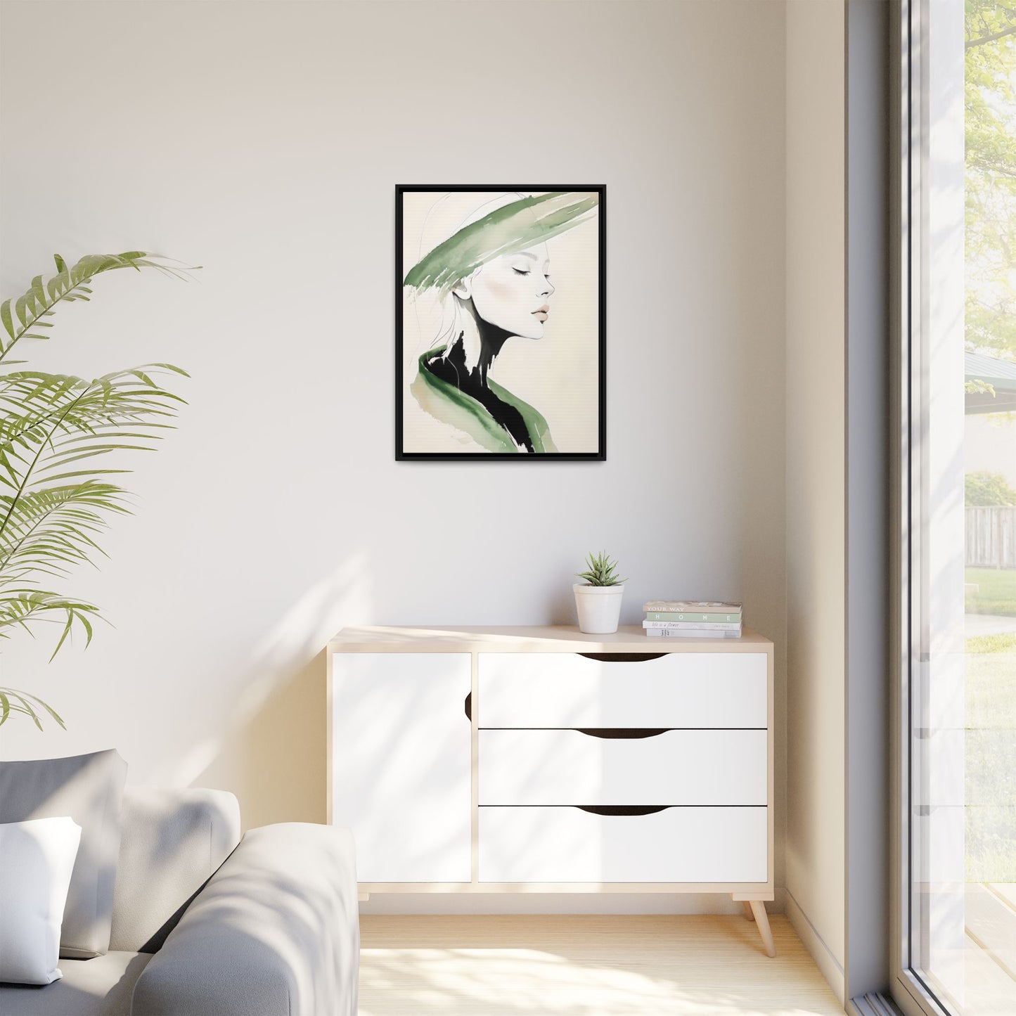 Elegant Framed Matte Canvas Art - Serene Portrait with Green Accents