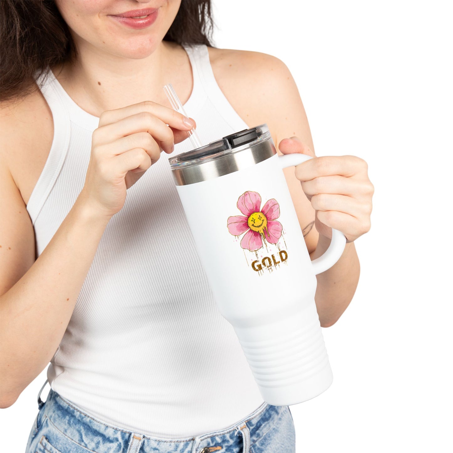 Gold Floral Insulated Travel Mug - 40oz Coffee Cup for Nature Lovers