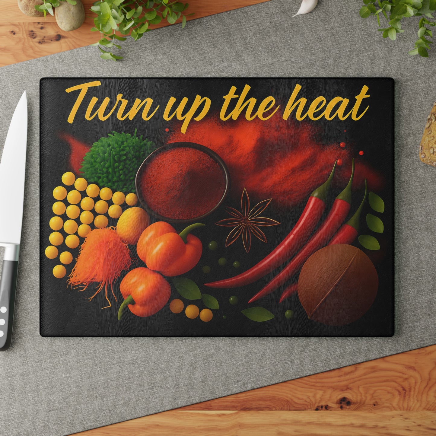 Vibrant Glass Cutting Board with 'Turn Up the Heat' Design