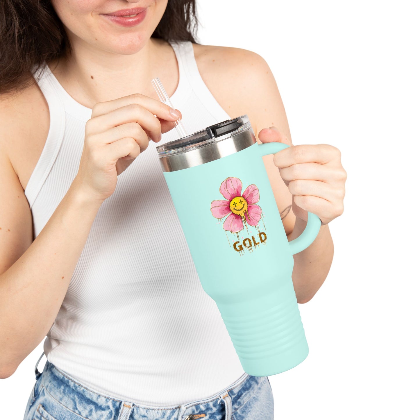 Gold Floral Insulated Travel Mug - 40oz Coffee Cup for Nature Lovers