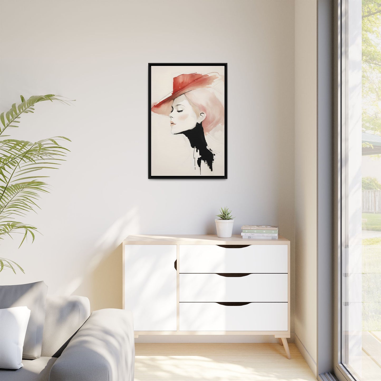 Framed Art Print - Chic Woman in Red Hat - Modern Home Décor