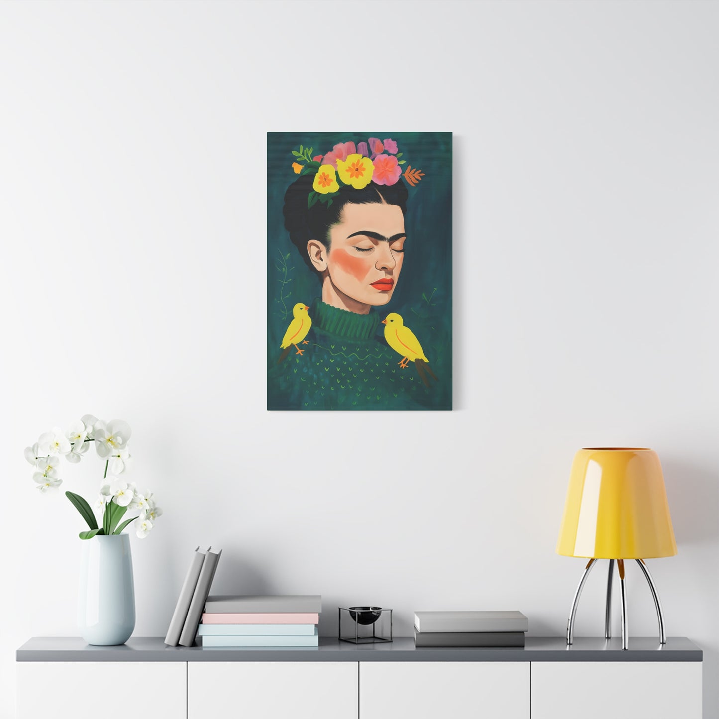 Frida Kahlo Inspired Portrait of Serene Woman In Sweater