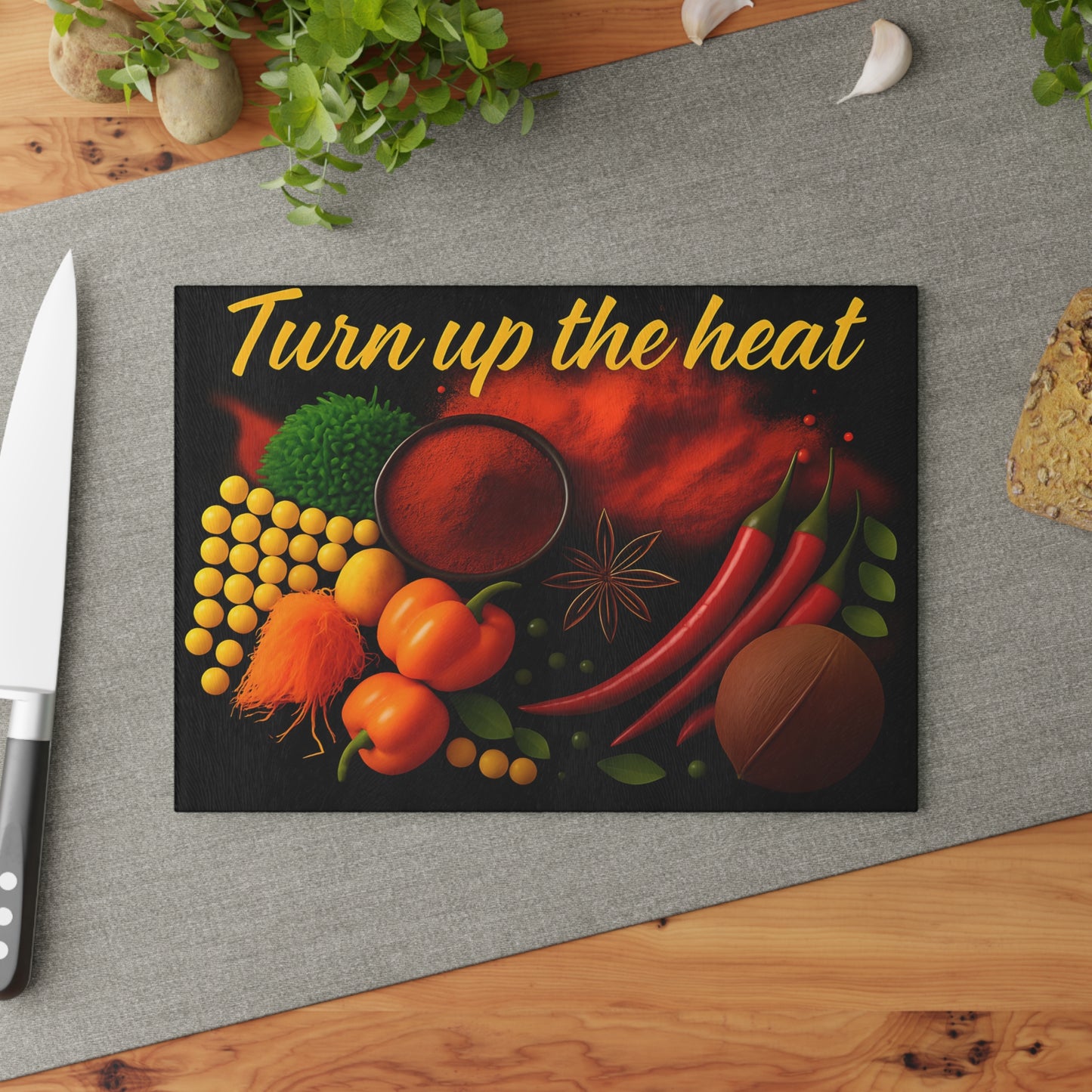Vibrant Glass Cutting Board with 'Turn Up the Heat' Design
