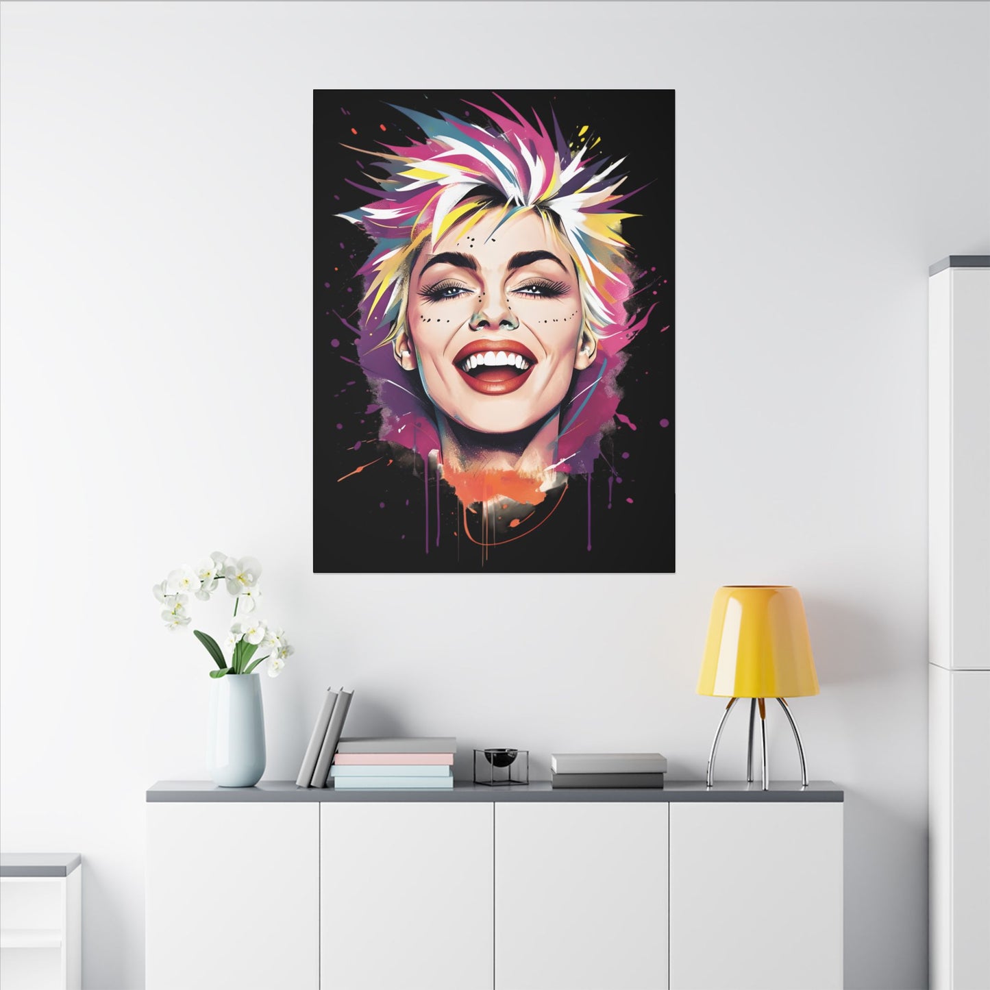 Vibrant 80s Vibe Art Print: Smiling Portrait with Colorful Splashes
