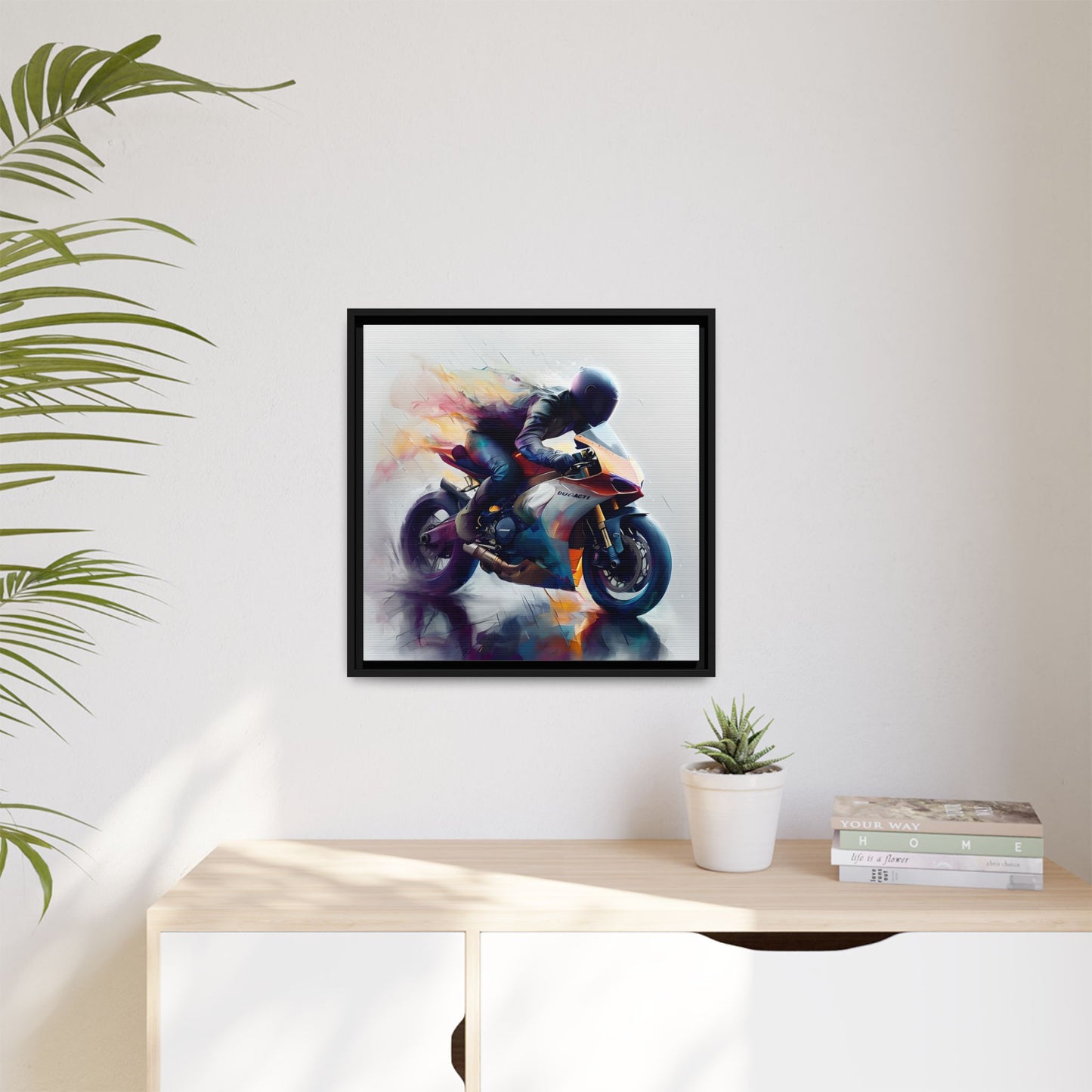 Dynamic Silhouette of a Racer on a Ducati in Rain Canvas Print