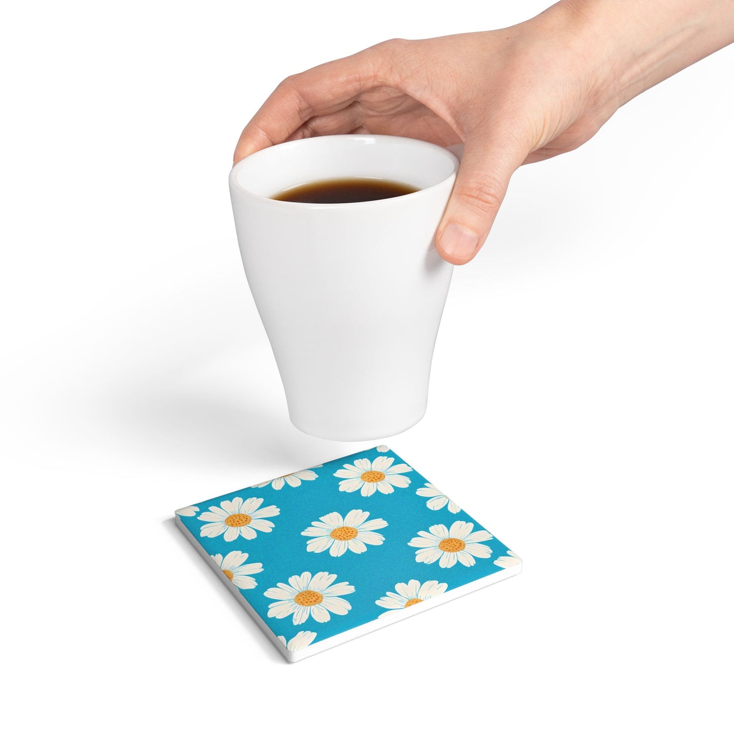 Floral Daisy Ceramic Coaster Set - Bright Blue Drinkware Accessory