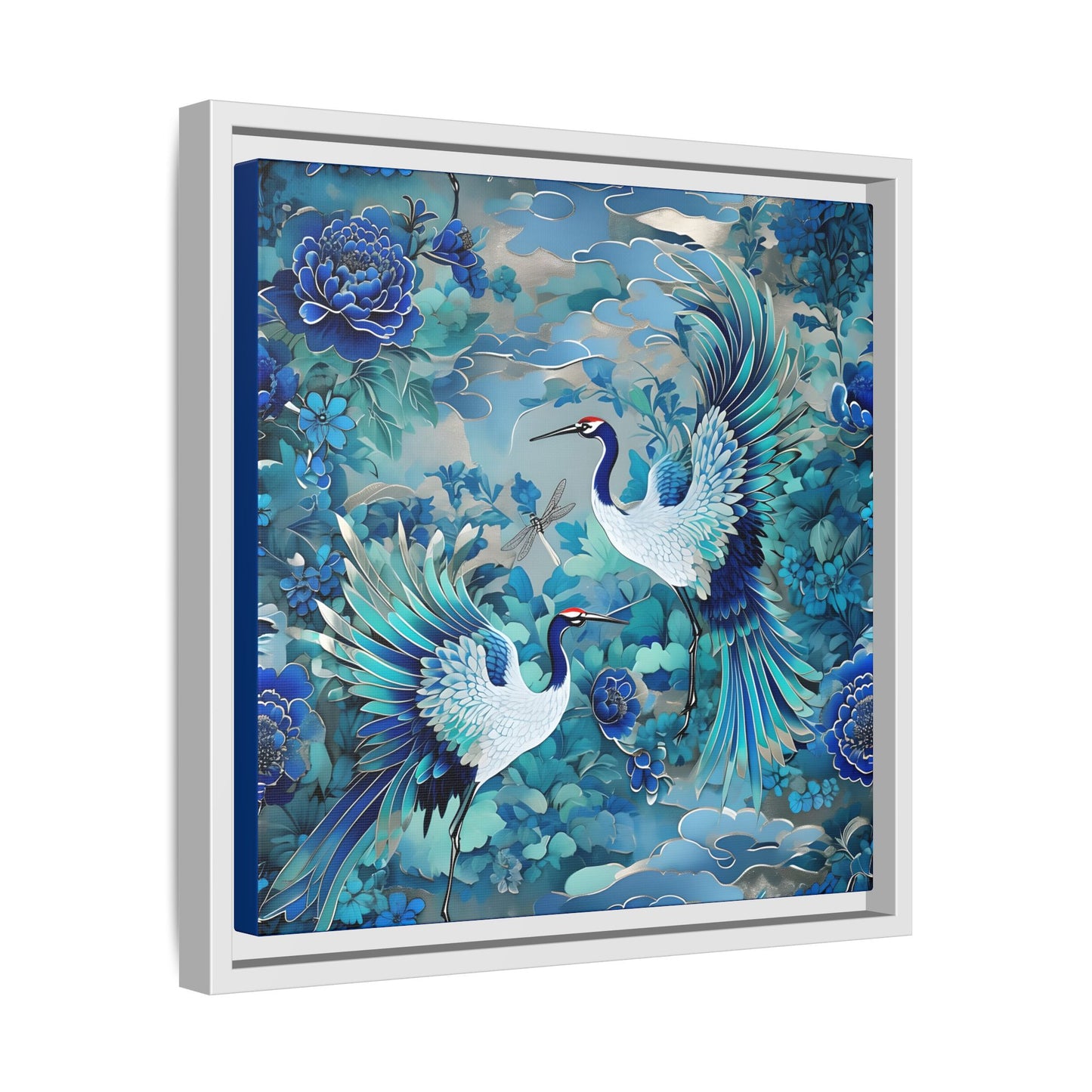 Elegant Framed Canvas Art - Serene Cranes and Floral Bliss