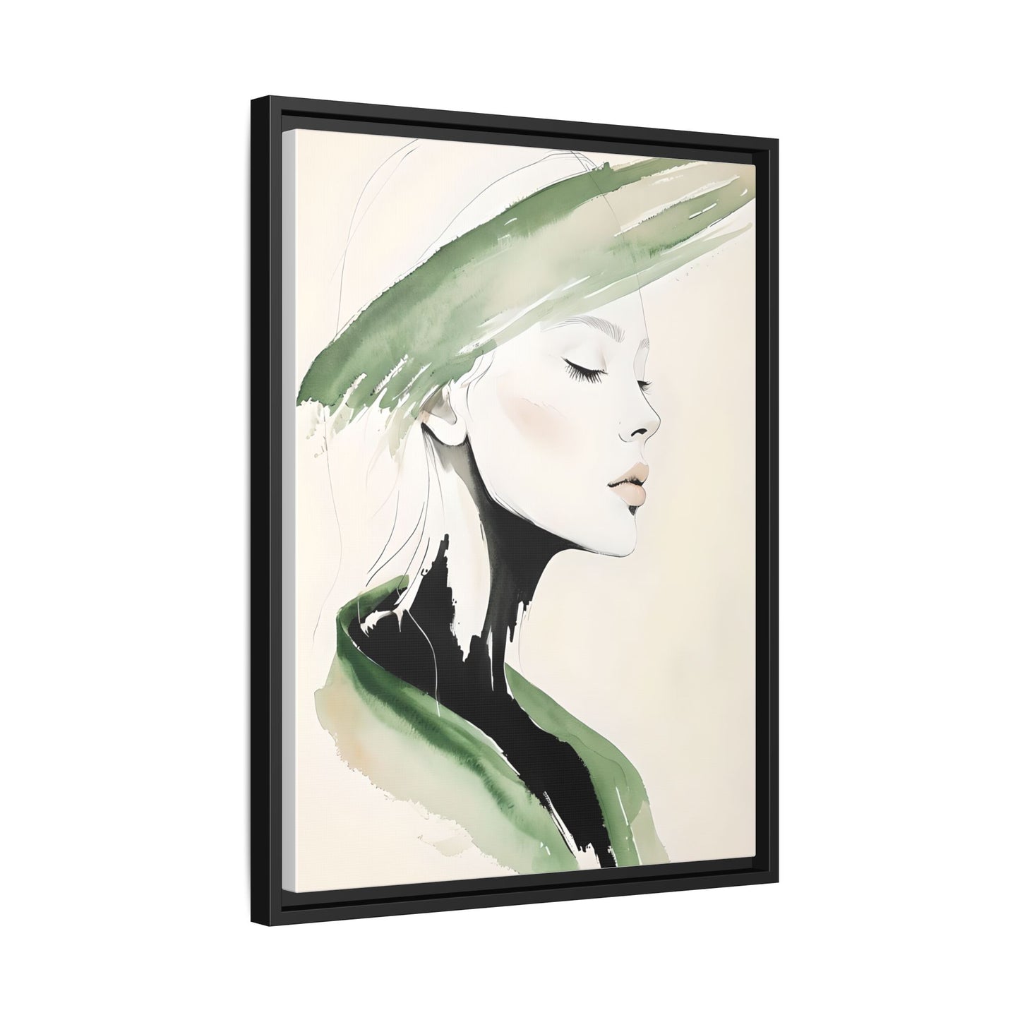 Elegant Framed Matte Canvas Art - Serene Portrait with Green Accents