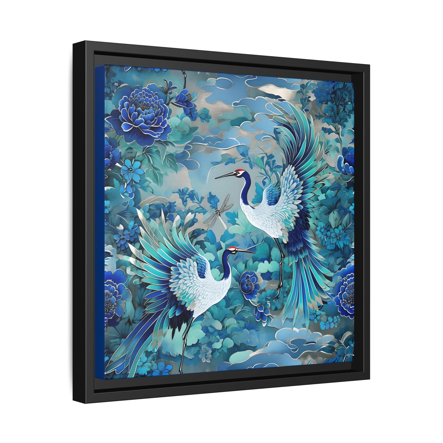 Elegant Framed Canvas Art - Serene Cranes and Floral Bliss
