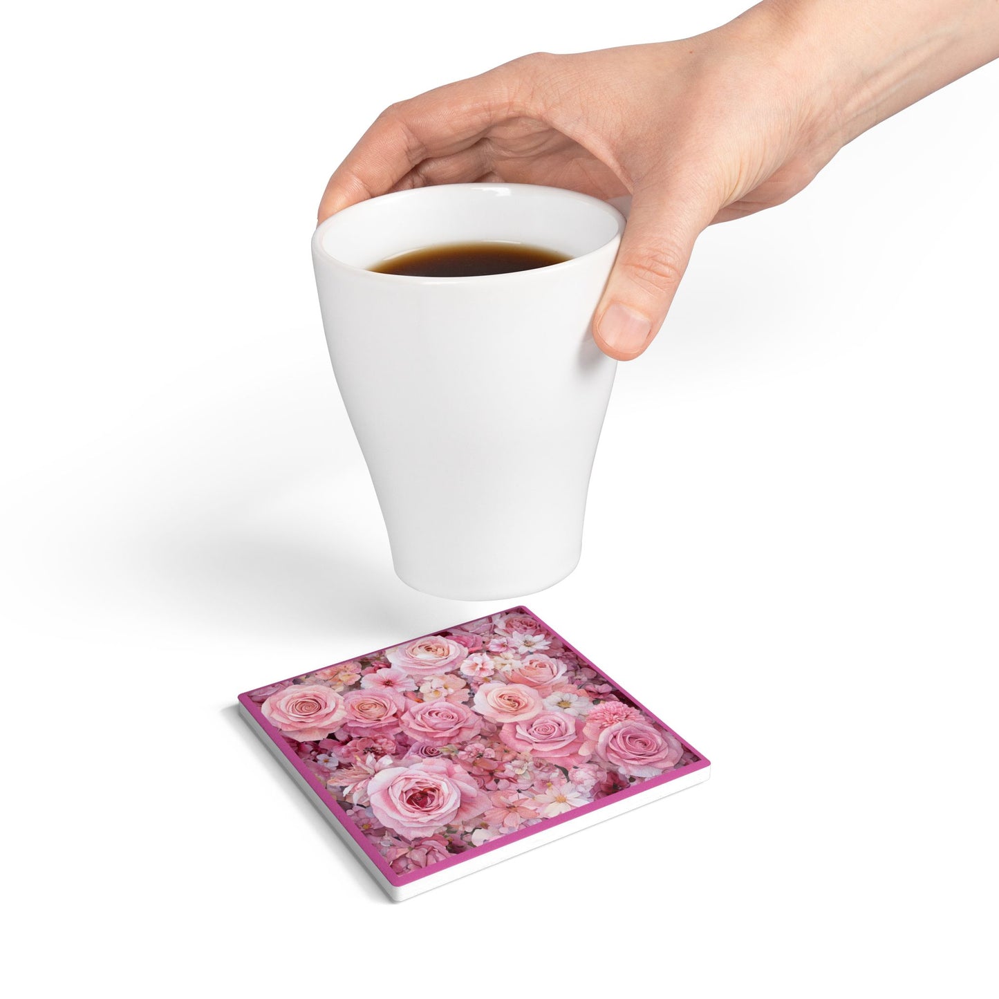 Floral Pink Ceramic Coaster - Elegant Rose Design