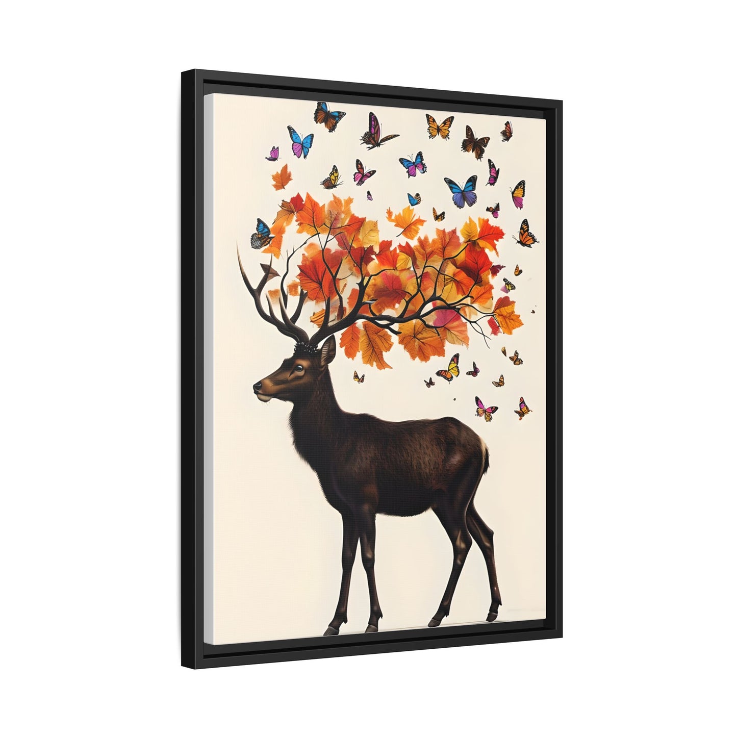 Autumn-Inspired Framed Canvas Art featuring Majestic Deer and Butterflies