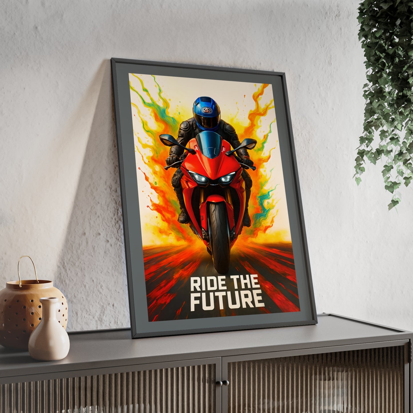 Ride the Future Motorcycle Poster with Wooden Frame | Wall Art