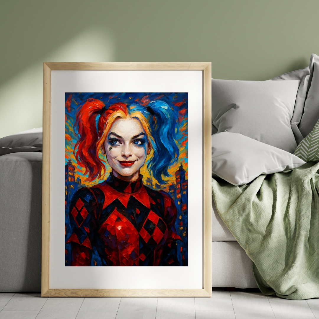 Abstract Digital Portrait of Harley Quinn with Vibrant Colours
