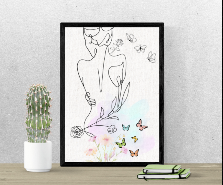 Bohemian Woman Framed Canvas Art, Line Drawing