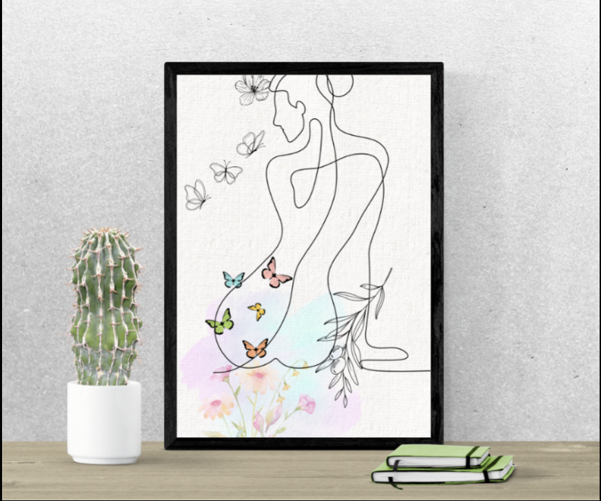 Bohemian Woman Framed Canvas Art, Line Drawing