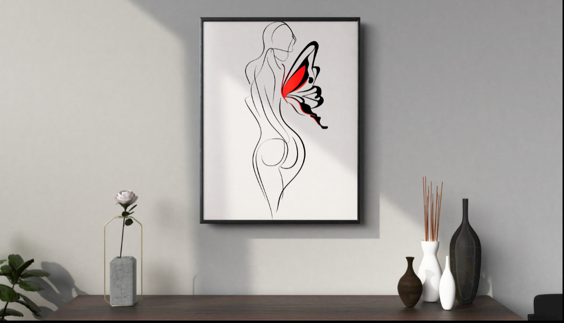 Elegant Minimalist Line Drawing of a Woman with a Butterfly Canvas Art