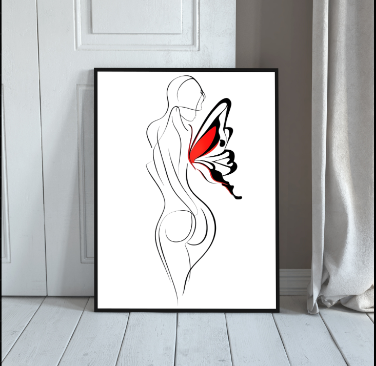Elegant Minimalist Line Drawing of a Woman with a Butterfly Canvas Art