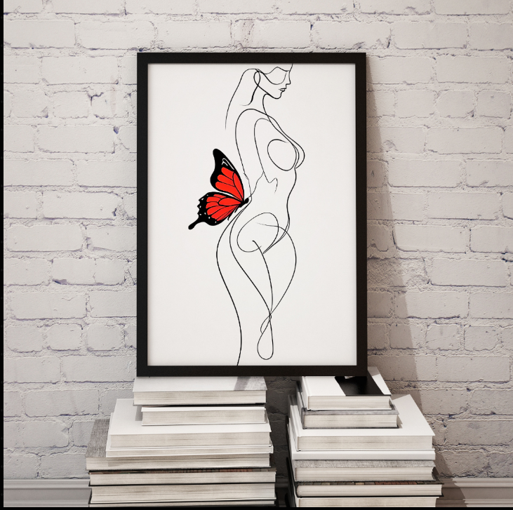 Elegant Minimalist Line Drawing of a Woman with a Butterfly Canvas Art