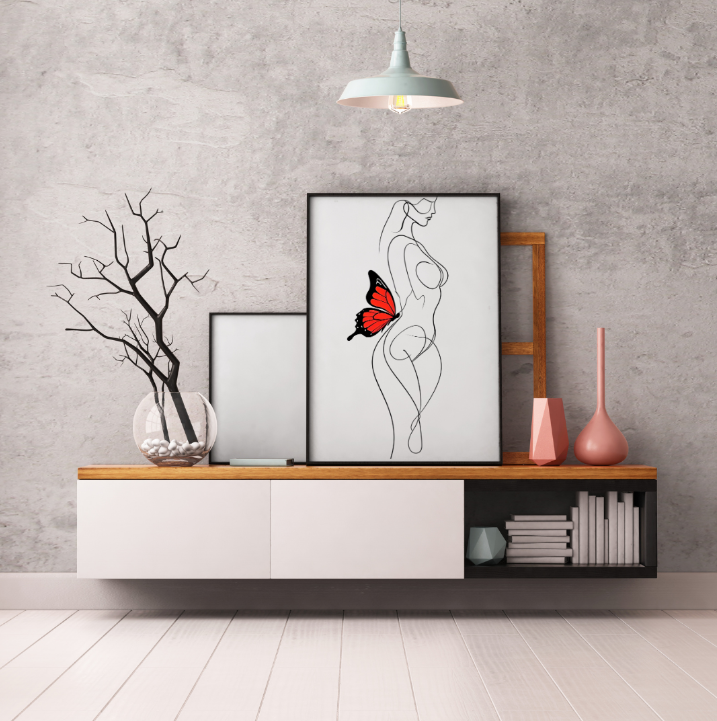 Elegant Minimalist Line Drawing of a Woman with a Butterfly Canvas Art