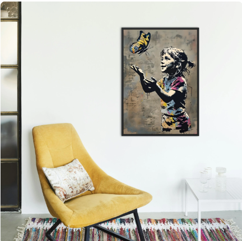 Urban Graffiti - Girl with Colorful Butterfly Framed Print