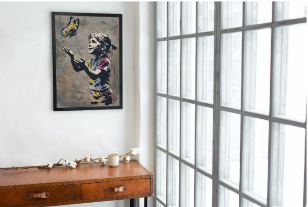 Urban Graffiti - Girl with Colorful Butterfly Framed Print
