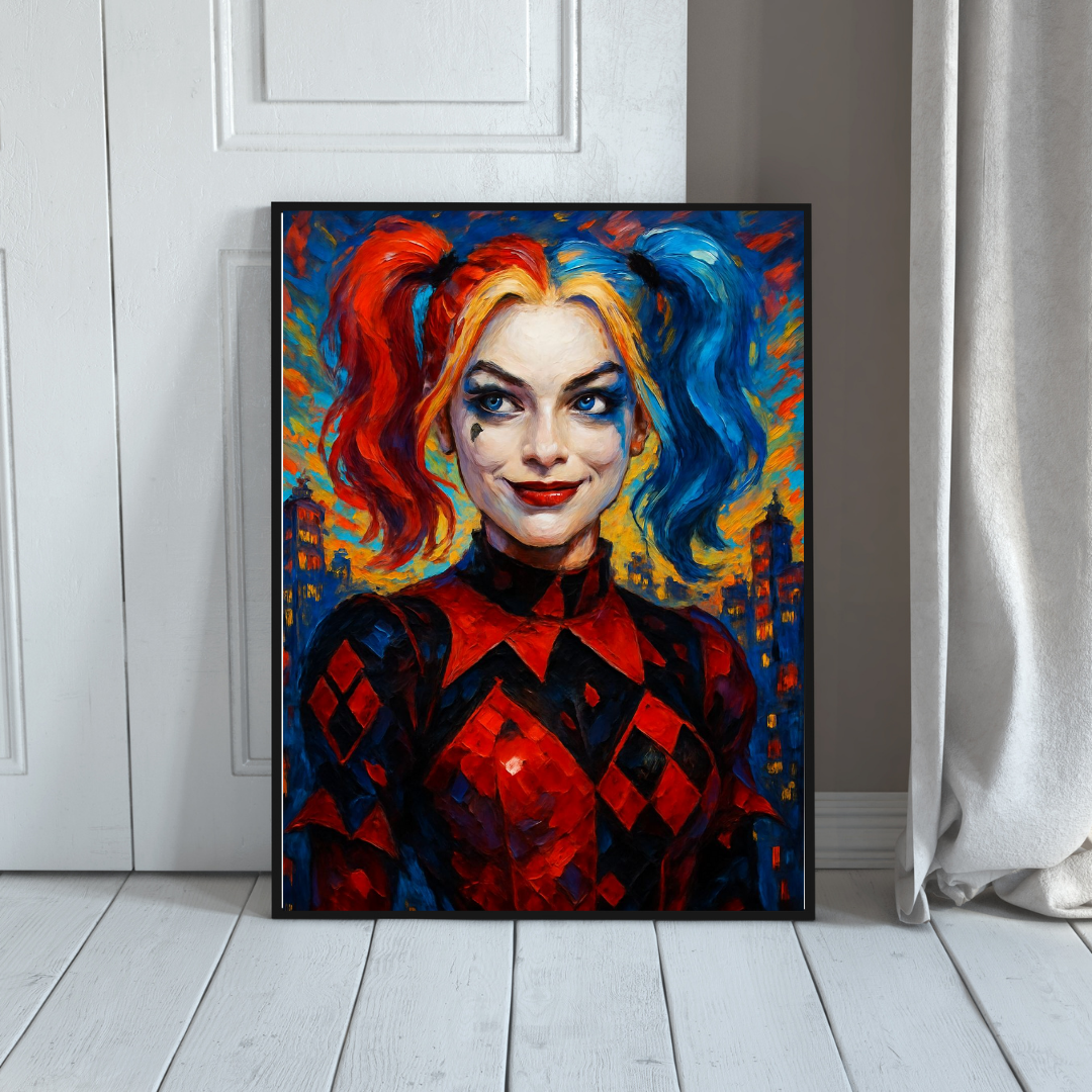 Abstract Digital Portrait of Harley Quinn with Vibrant Colours