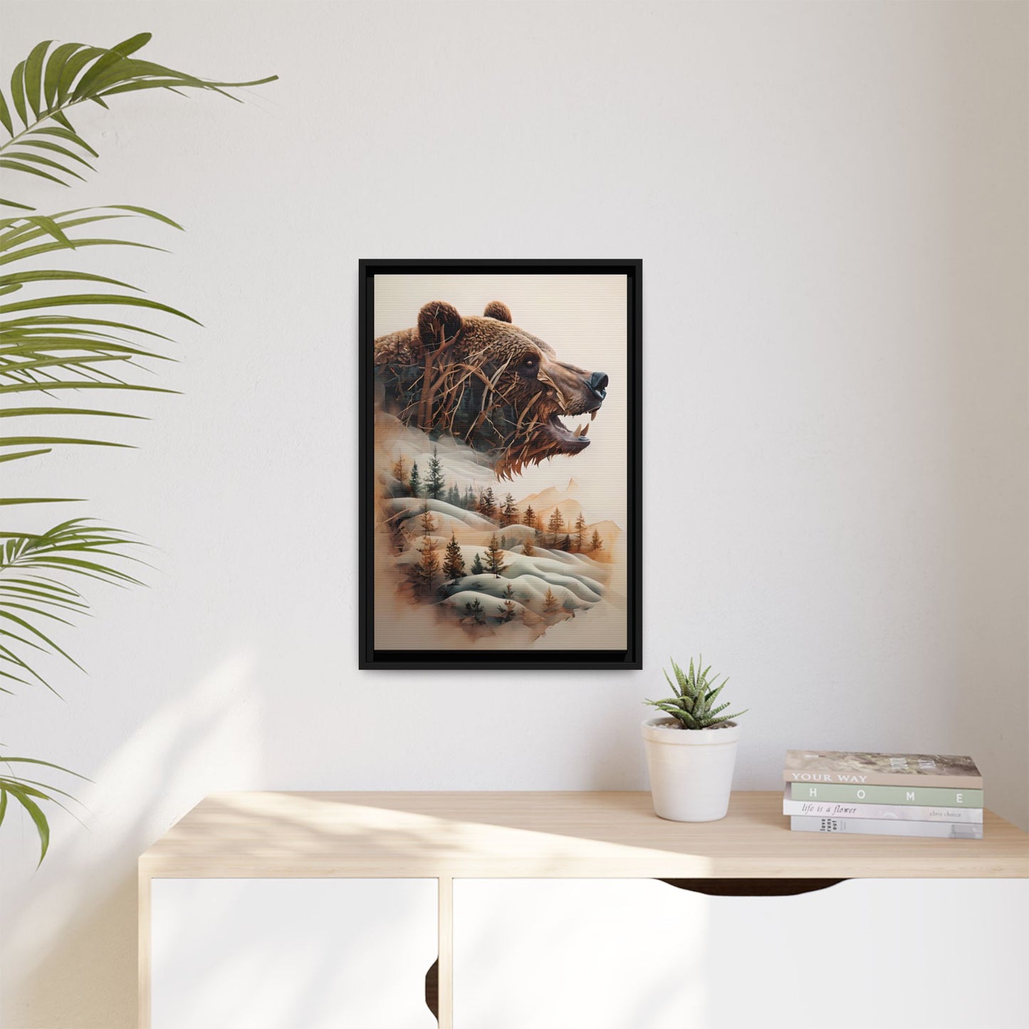 Bear in Blended Winter Forest: Framed Canvas Artwork Print